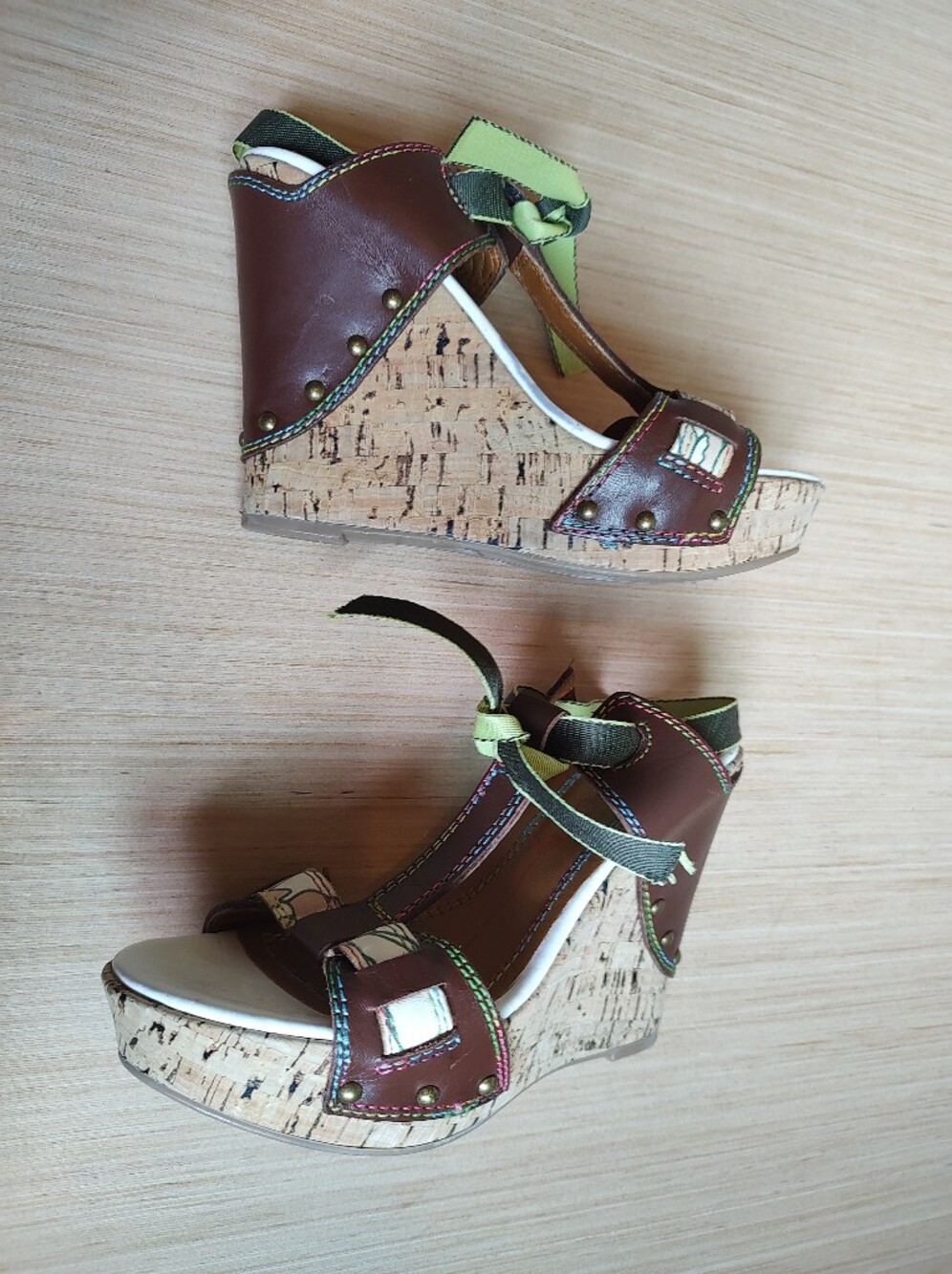 Miss Sixty Vintage Wedge Sandals Brown White Green Studs Stitch Blue Cork 37 NEW